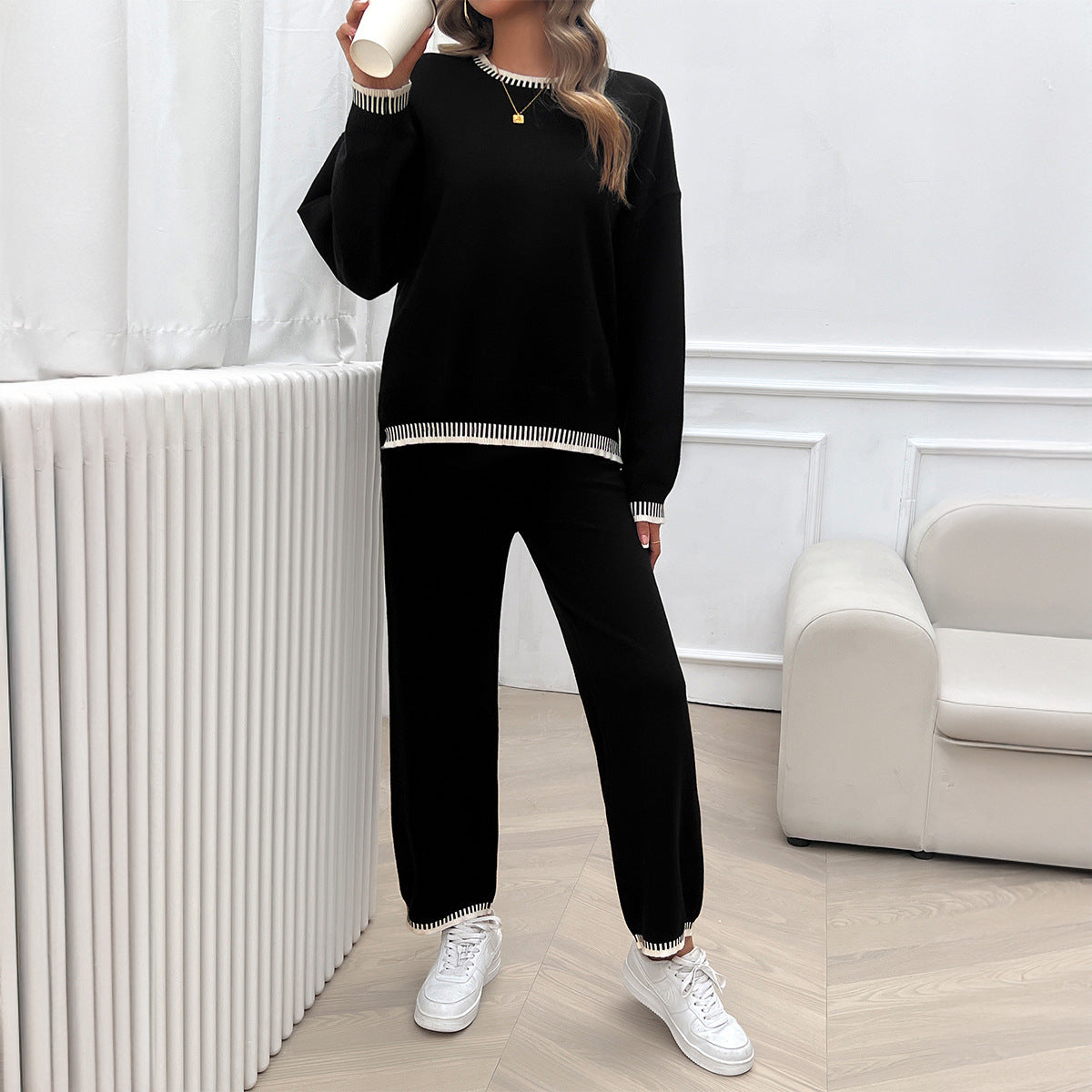 Women Clothing Autumn Winter Casual Contrast Color Knitted Sweater Trousers Suit Black