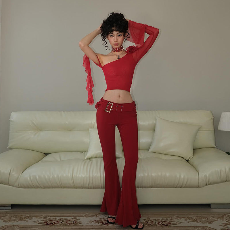 Autumn Winter Women Clothing Sexy Sexy Trend Modified Leg Shape Skinny Slimming Mid Waist Bell-Bottom Pants Red