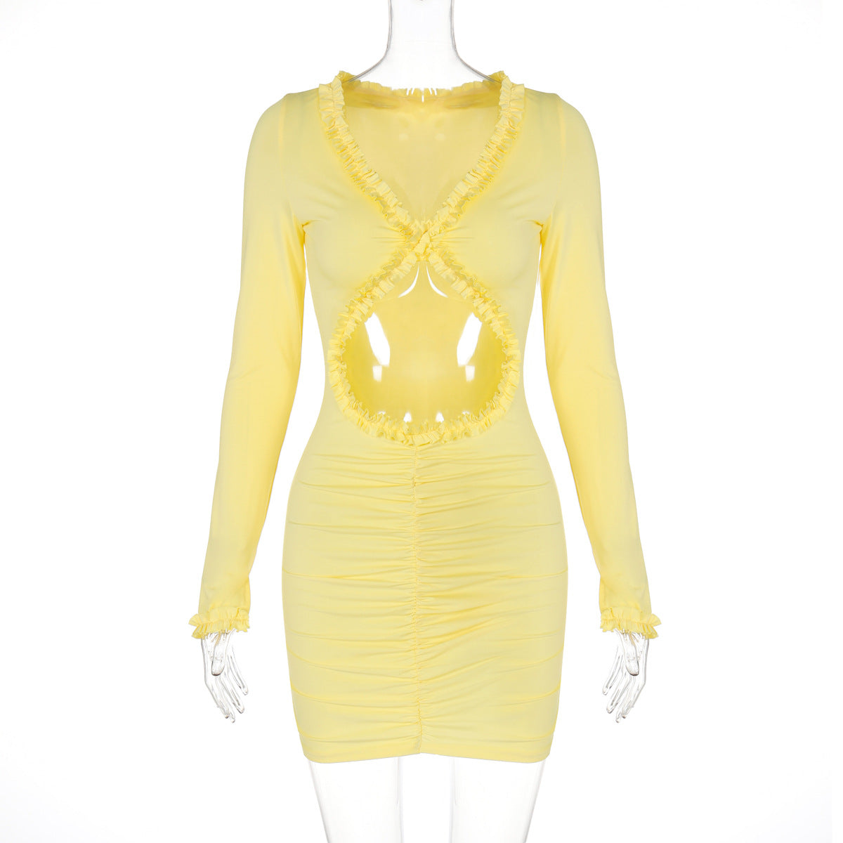 Women Clothing Autumn Solid Color Hollow Out Cutout Out Cropped Lace Sheath Dress Women Yellow