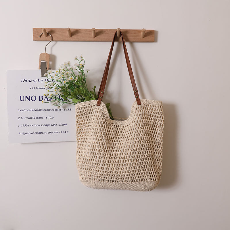 Casual Hollow Out Cutout Shoulder Cotton Thread Woven Bag Lazy Wind Portable Straw Weaved Bag Seaside Vacation Beach Bag Women Bag One Size Cotton Thread Concave Rice Zipper