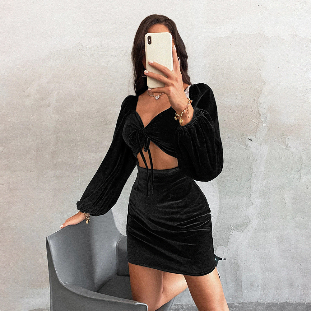 Women Clothing Autumn Winter Sexy Hollow Out Cutout Lace-up Hip Velvet Dress Light Short Evening Dress