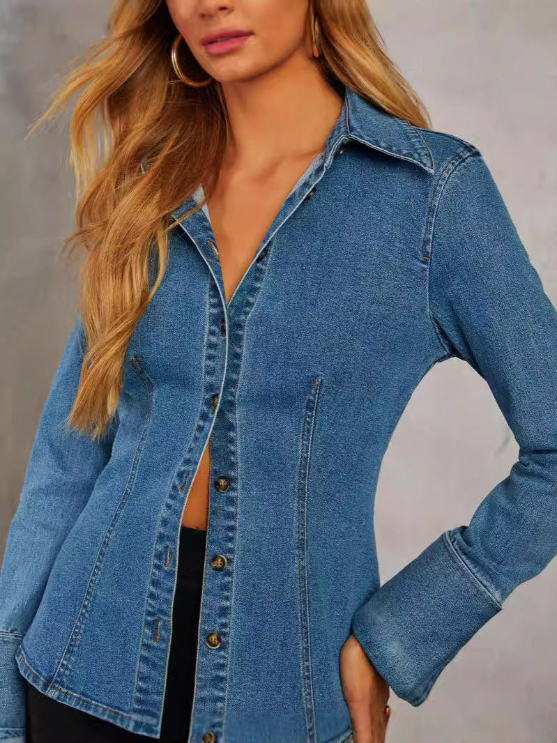 Denim Shirt Autumn Casual Collared Single Breasted Women Long Sleeve Denim Blue