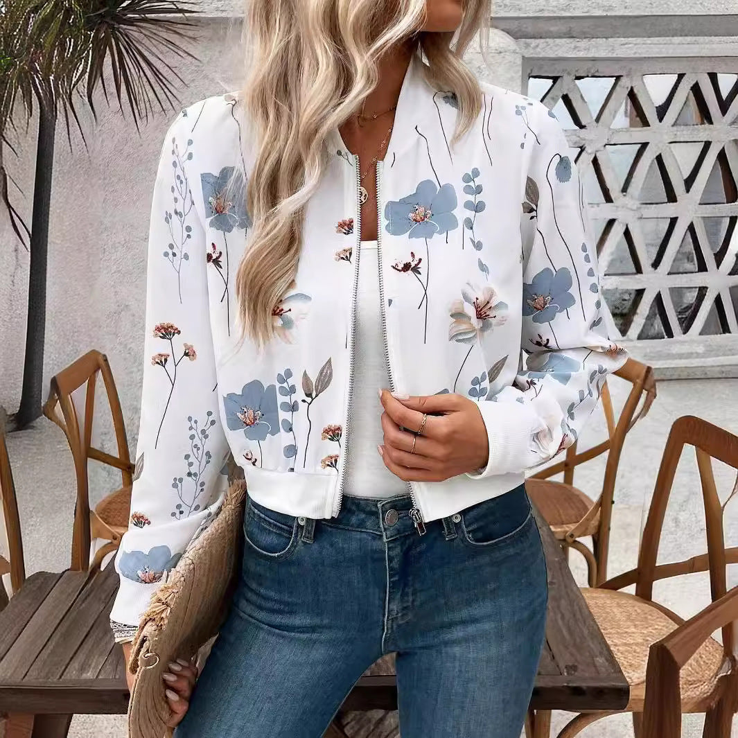 Autumn Winter Elegant Women Zipper Floral Print Long Sleeve Cropped Casual Jacket Coat