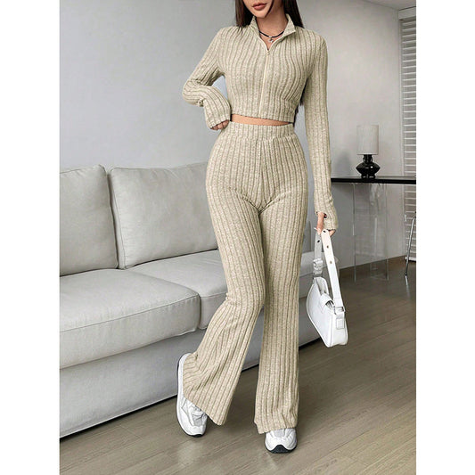 Zipper Cardigan High Waist Flared Pants Solid Color Knitwear Wide Leg Pants Sets