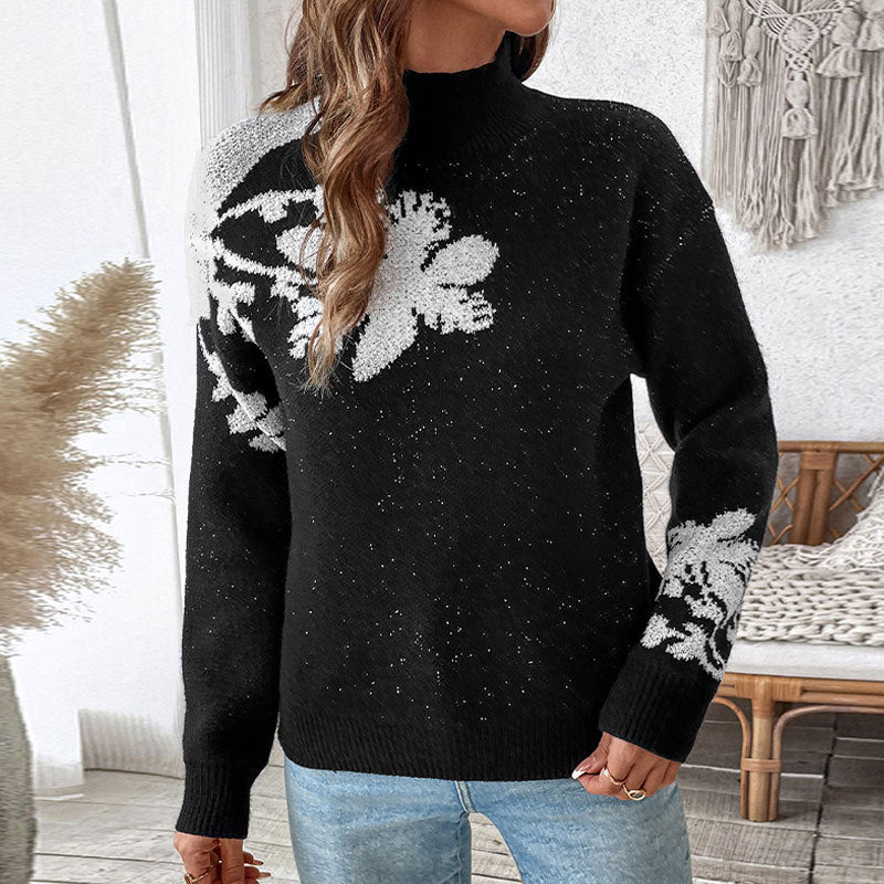 Autumn Winter Casual Knitwear Women Half Turtleneck Contrast Color Jacquard Pullover Sweater