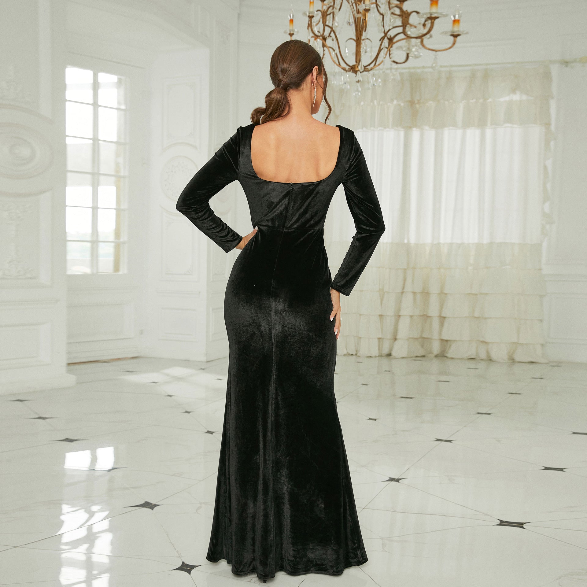 Elegant Sexy Long-Sleeved Long Velvet Square Collar Annual Meeting Split Evening Dress Bridesmaid Dress Women Dress