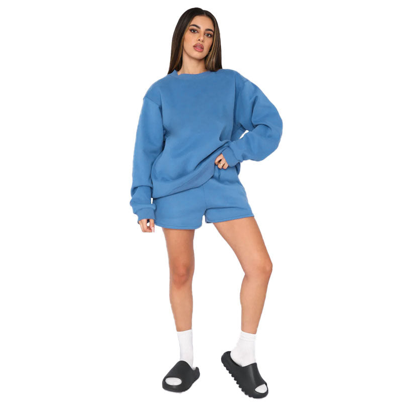 Cotton Autumn Winter Solid Color round Neck Pullover Long Sleeve Sweater Women Casual Shorts Set Blue