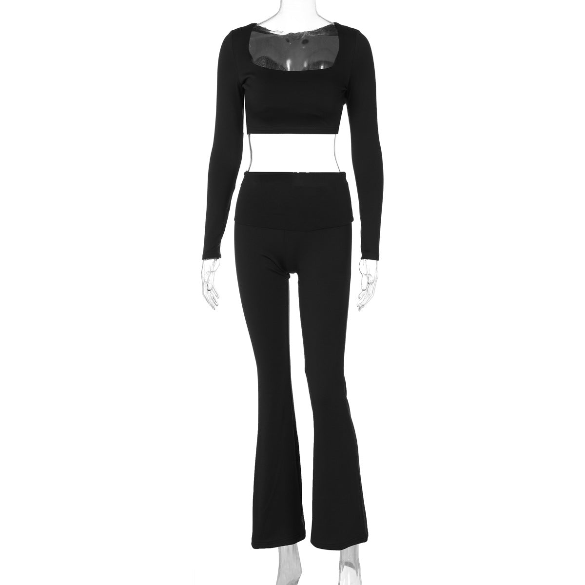 Fall Women Clothing Solid Color Long Sleeve Square Neck Slim Fit Flared Pants Sports Casual Set Women Black