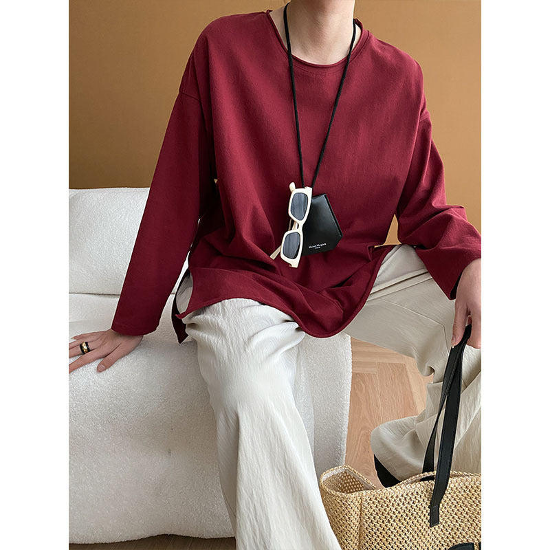 Shirt Curling with round Neck Oversized T shirt Autumn Winter One Size Ankela Red