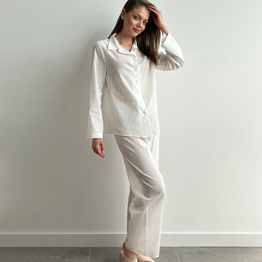 Autumn White Simple Comfortable Pure Cotton Long Sleeve Top Long Pants Pajamas Women Cardigan Loose Home Wear