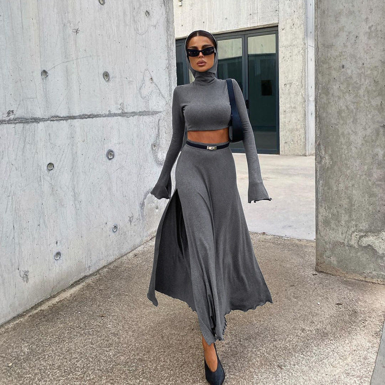 Women Clothing Short Hood Top High Waist Side Slit Unique Skirt Spring Autumn Two Piece Set Women