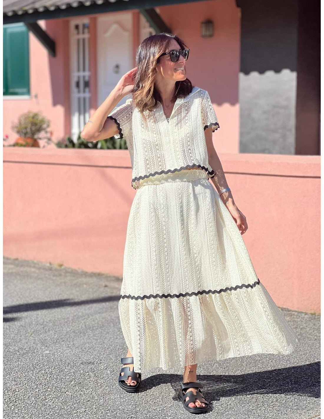 Summer Women Comfort Casual Shirt Collar Lace Skirt Set White