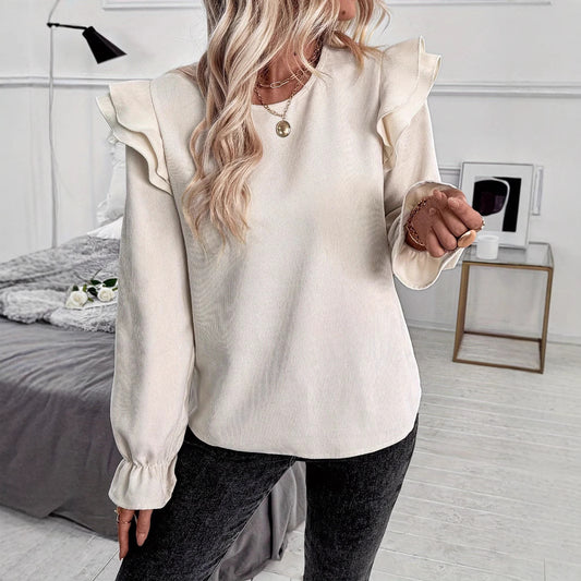 Spring Ruffled Collar Casual Long Sleeved Women Shirt Top