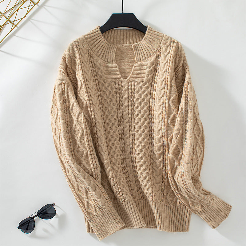 Solid Color Twisted Pullover Cardigan Collar Sweater Women Autumn Winter Retro Loose Long Sleeve Sweater Khaki