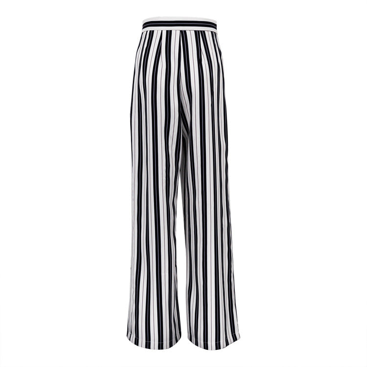 Women Clothing Black White Striped Wide Leg Pants Casual Slimming High Waist Loose Drooping Mop Trousers Women