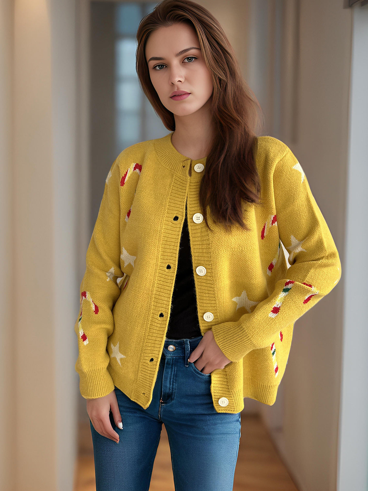 Autumn Winter Sweaters Women Knitted Cardigan Five Pointed Star Single Breasted Jacket Yellow