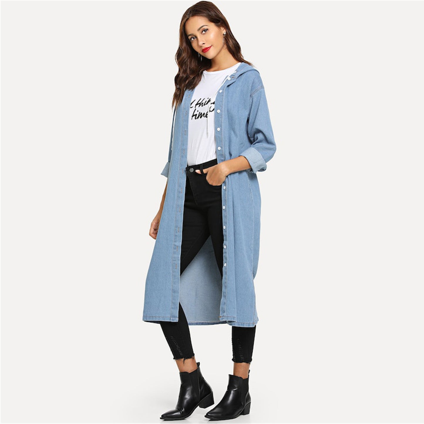 Plus Size Denim Jacket Women Autumn Winter Hooded Drawstring Mid Length Denim Coat Trench Coat