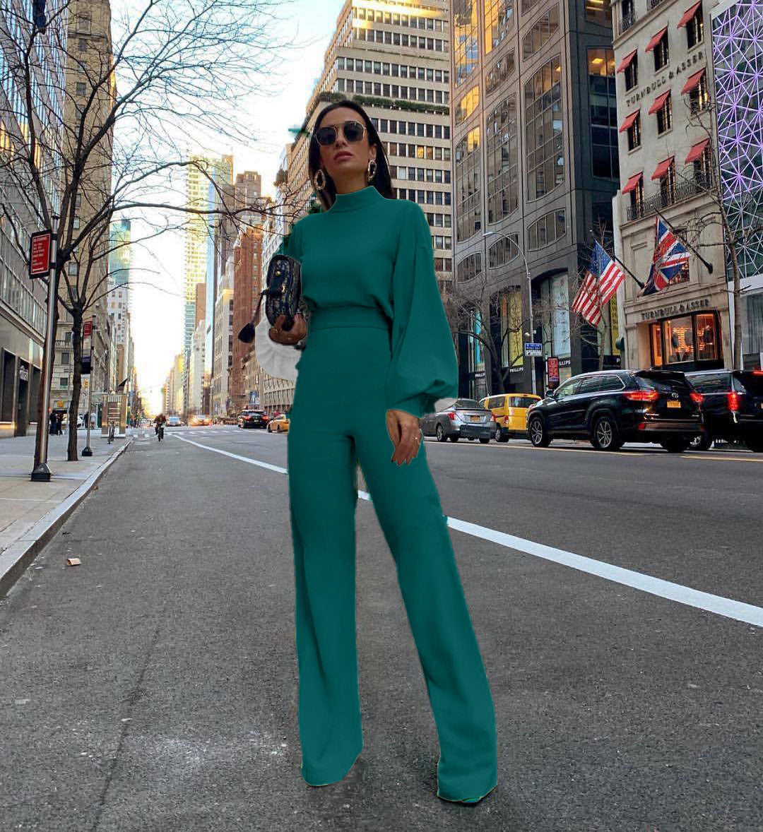 Half Turtleneck Lantern Sleeve Simple Capable Office Lady Jumpsuit Green