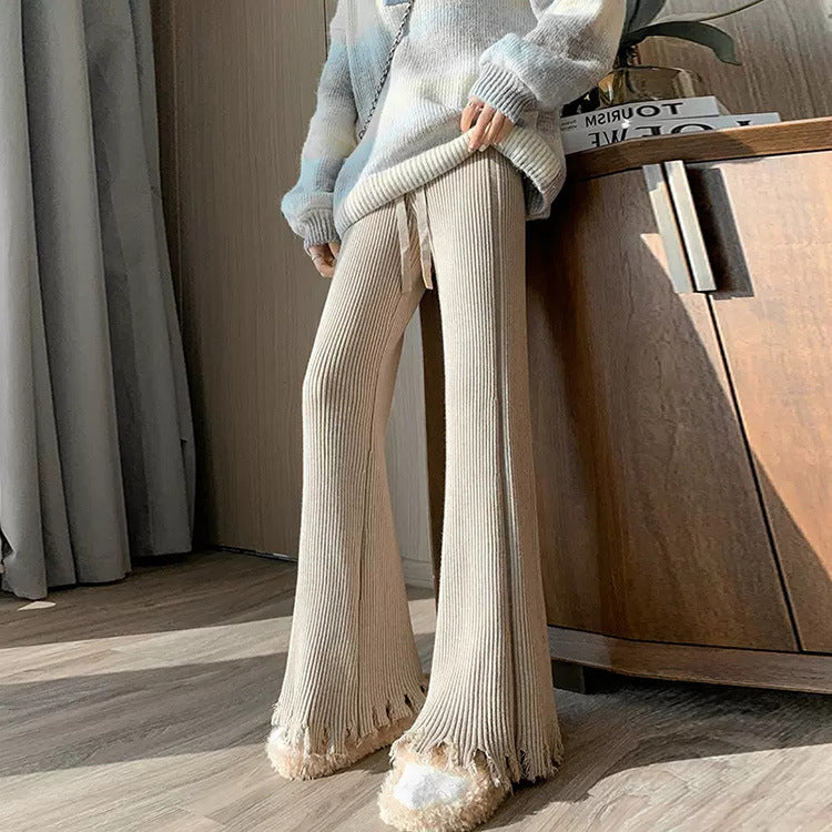 Knitted Tassel Wide Leg Pants for Women Spring Korean High Waist Drawstring Slimming Casual Horn Mop Trousers One Size Oatmeal Color