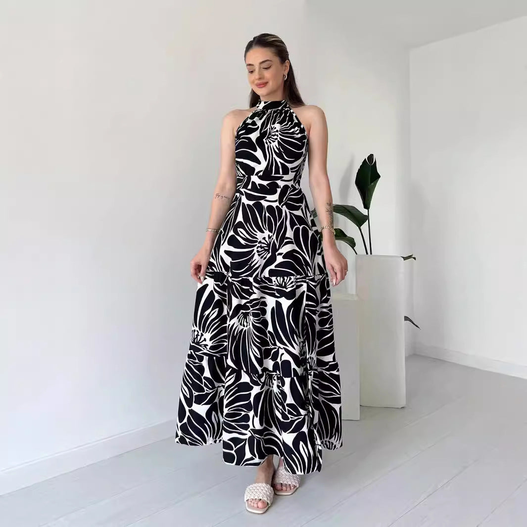 Sleeveless Elegant Maxi Dress Printed High Slit French Jumpsuit A Line Dress Women