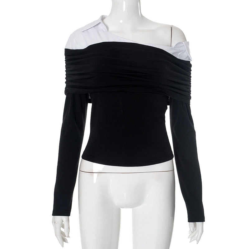 Sexy Wind Oblique Shoulder Color Matching Long Sleeve Slim Fit Slimming T shirt Autumn Black and White