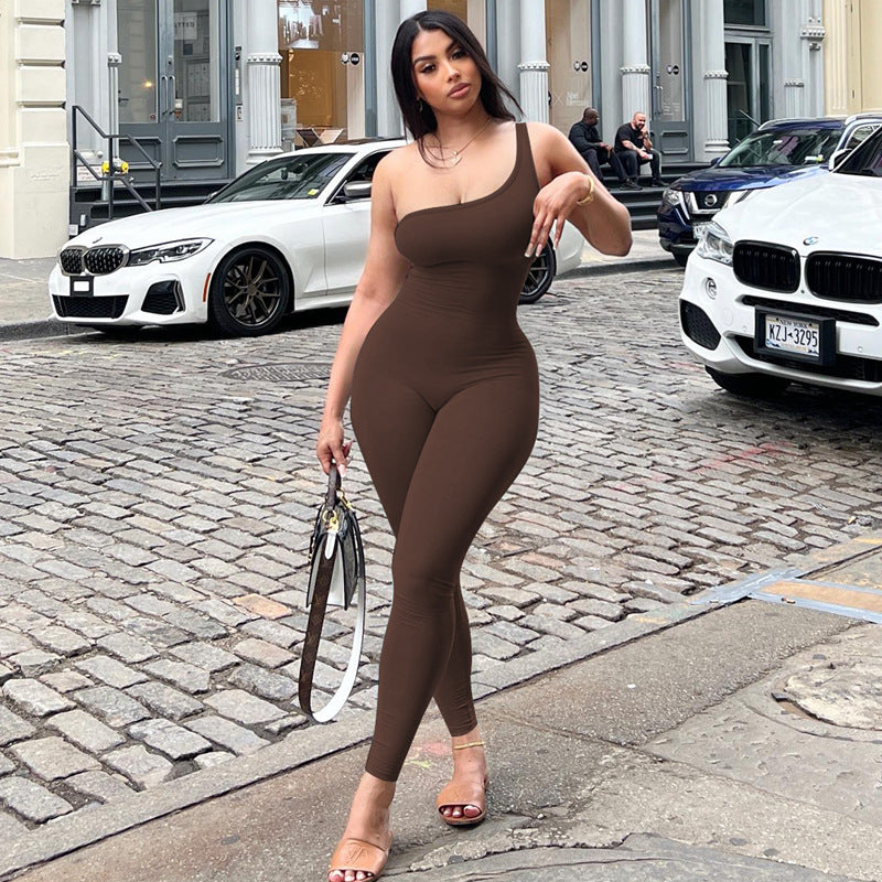 Spring Women Clothing Solid Color One Shoulder Slim Fit Hip Raise Sports Fitness Jumpsuit Women Coffee