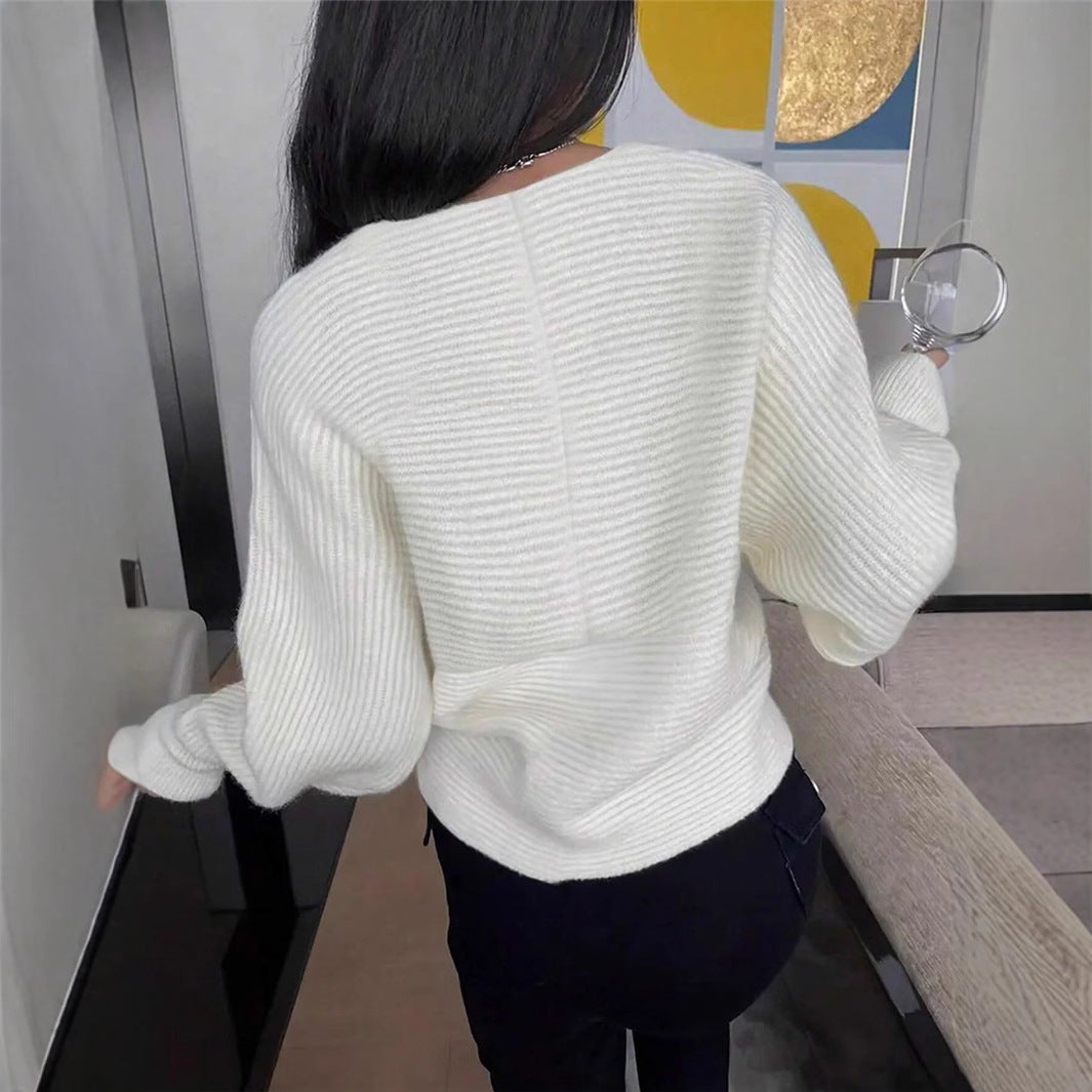 Autumn Winter Cross Irregular Asymmetric Design off Shoulder Loose Fitting Sweater