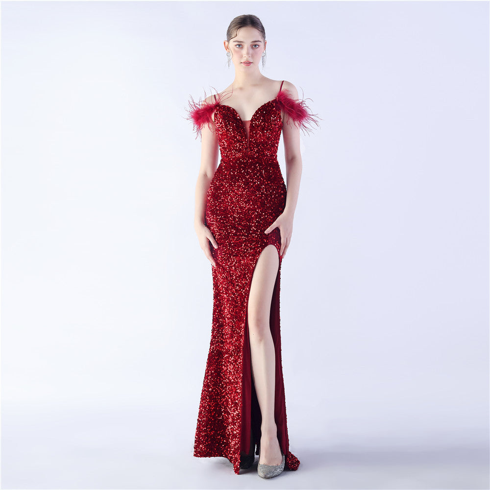 Craft Order Ostrich Feather High Density Sequined Long Evening Dress Burgundy