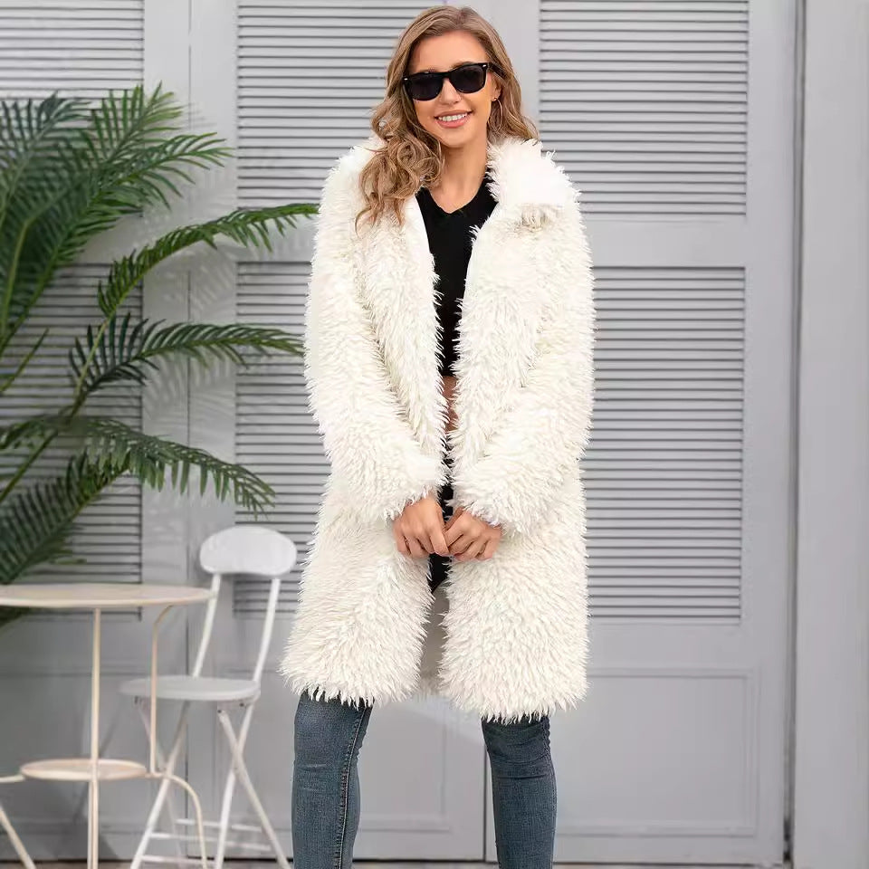 Ladies Faux Fur Coat Top Plush Collared Coat Long Autumn Winter