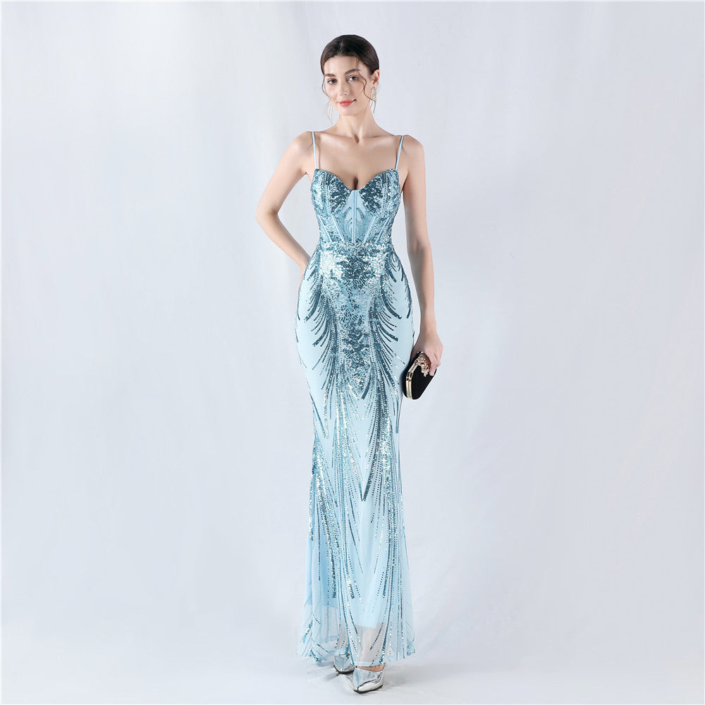 Dress Shaping Waist Boning Corset Sequ Positioning Floral Evening Dress Annual Meeting Celebration Host