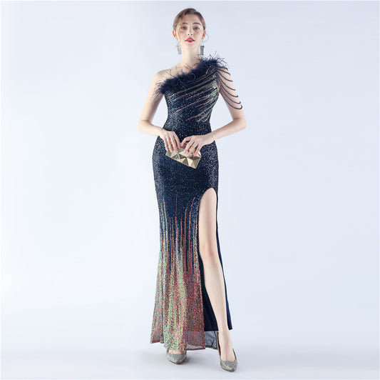 Gradient Sequin Craft Beaded Ostrich Feather Diagonal Collar One Shoulder Long Evening Dress