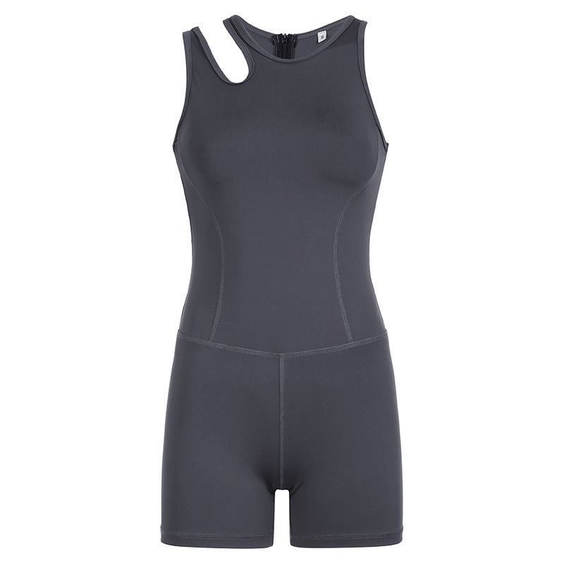 Casual Sports Asymmetric Shoulder Strap Hollow Out Cutout Solid Color Fitness Yoga Jumpsuit Shorts Women Dark Grey