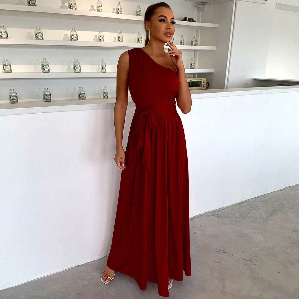 Women Wear off Shoulder Lace up Front Slit Thigh Dress Dress Winered