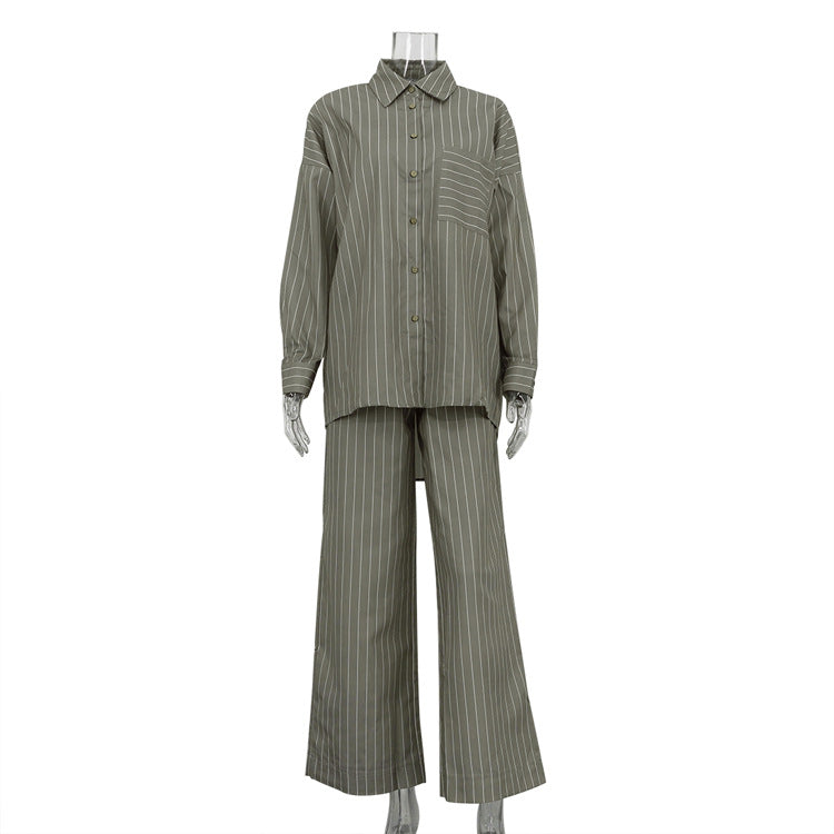 Women Clothing Spring Autumn Striped Loose Long Sleeved Shirt Wide Leg Pants Two Piece Set Khaki