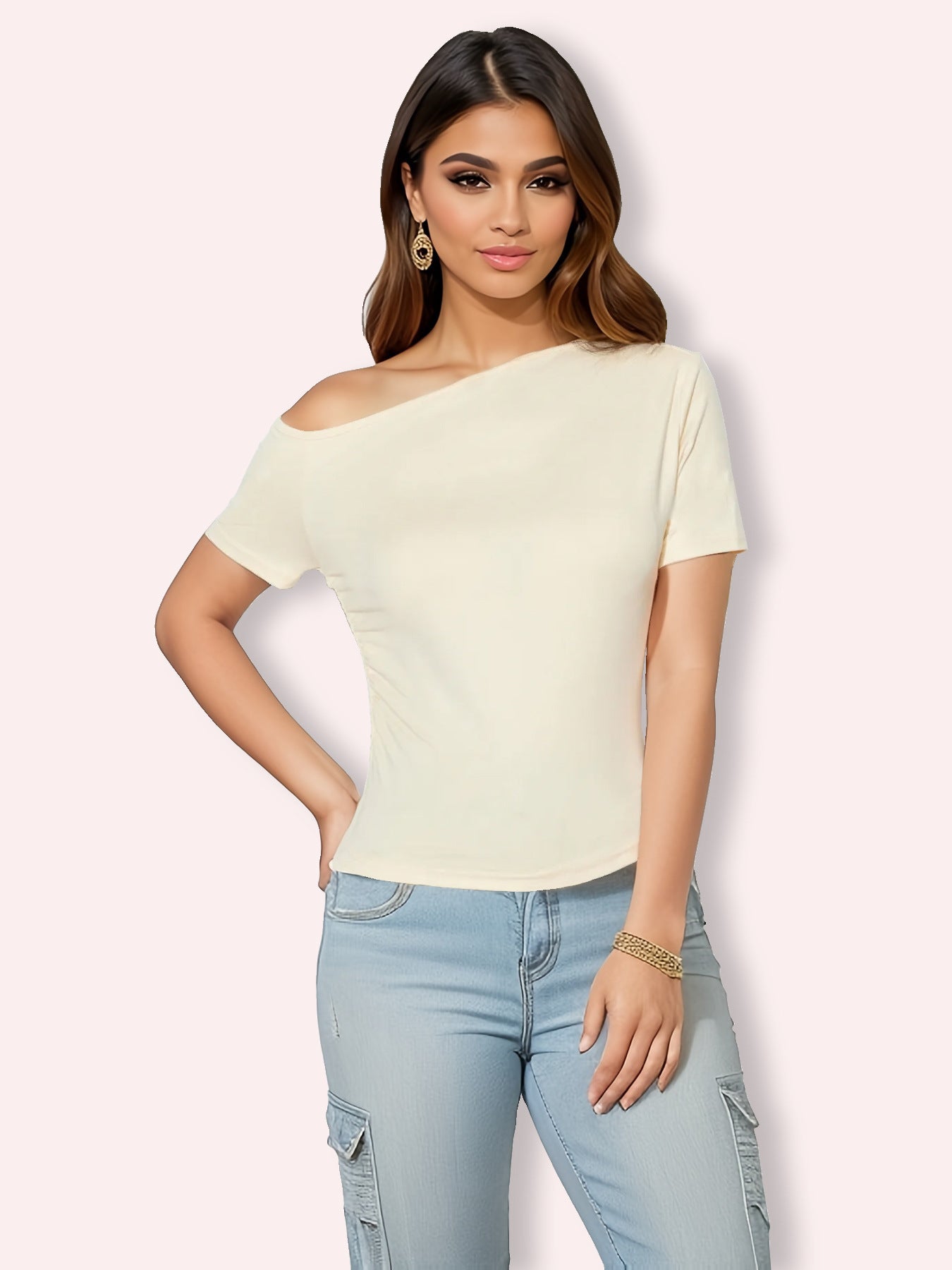 Arrival Solid Color Women Diagonal Collar Sexy Slim off Shoulder Top Apricot