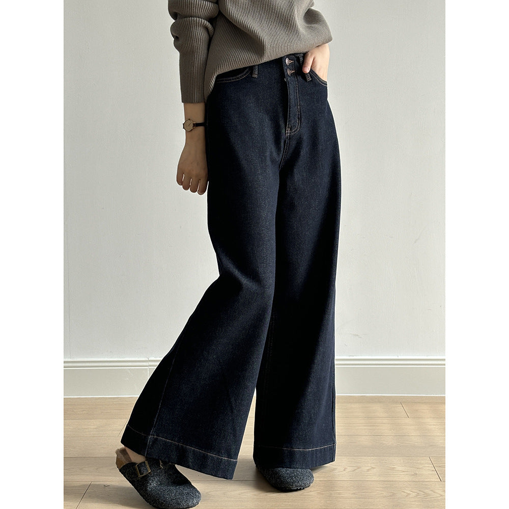 Retro High Waist Wide Leg Jeans Winter Loose Straight Warm Long Pants Deep purplish blue