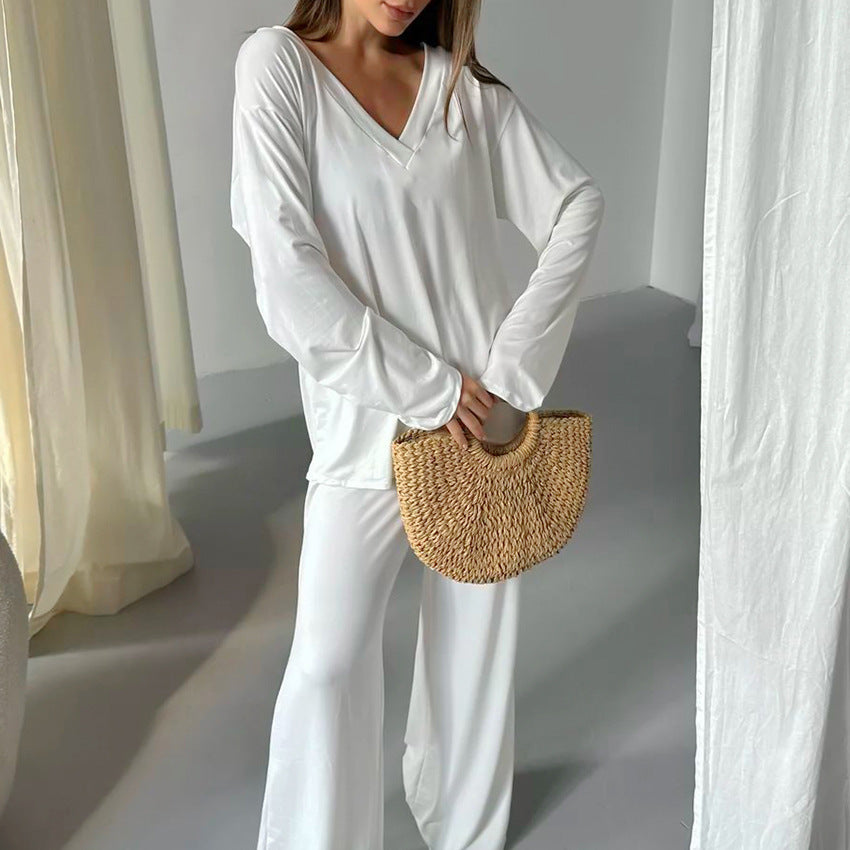 Autumn White Knitted Pajamas Loose Comfortable Long Sleeve Trousers Women Homewear