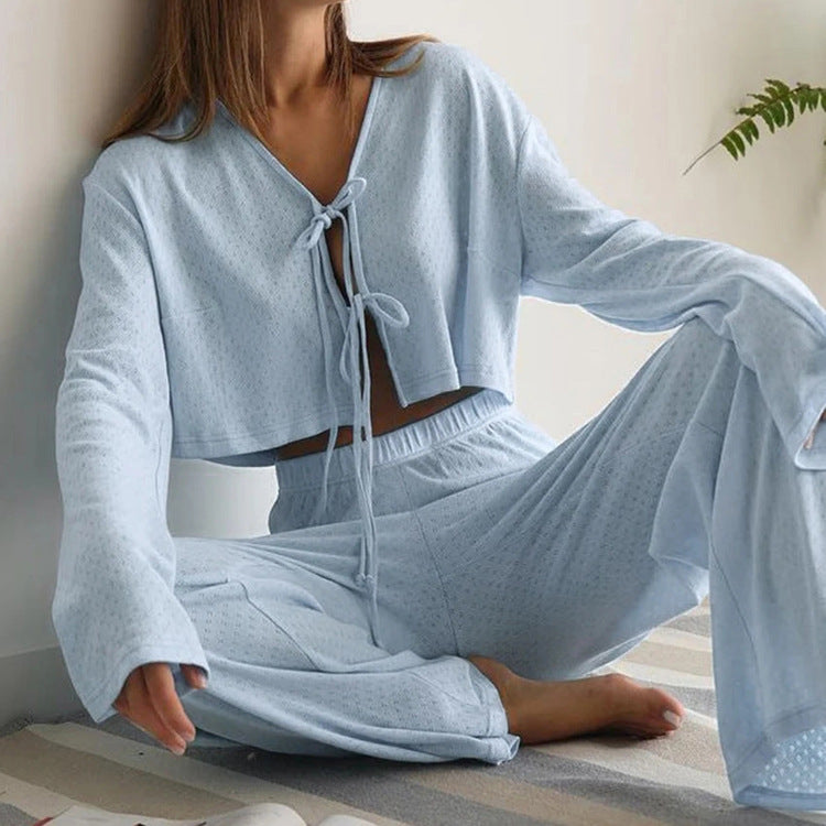 Women Clothing Spring Autumn Cotton Homewear Knitted Jacquard Long Sleeves Cropped Lace up Pajamas Trousers Two Piece Set