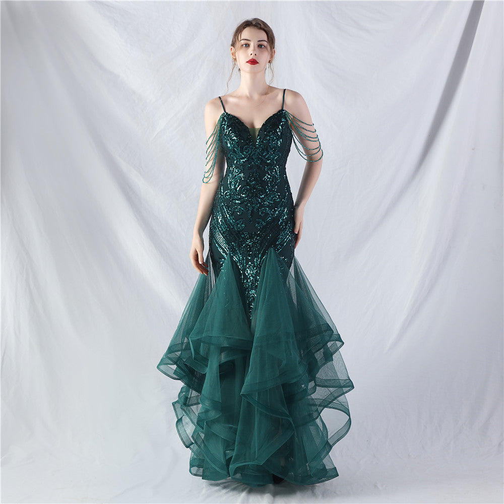 Craft Beads Hard Net Positioning Floral Sequin Stitching Mesh Dance Celebration Performance Dress blackish green