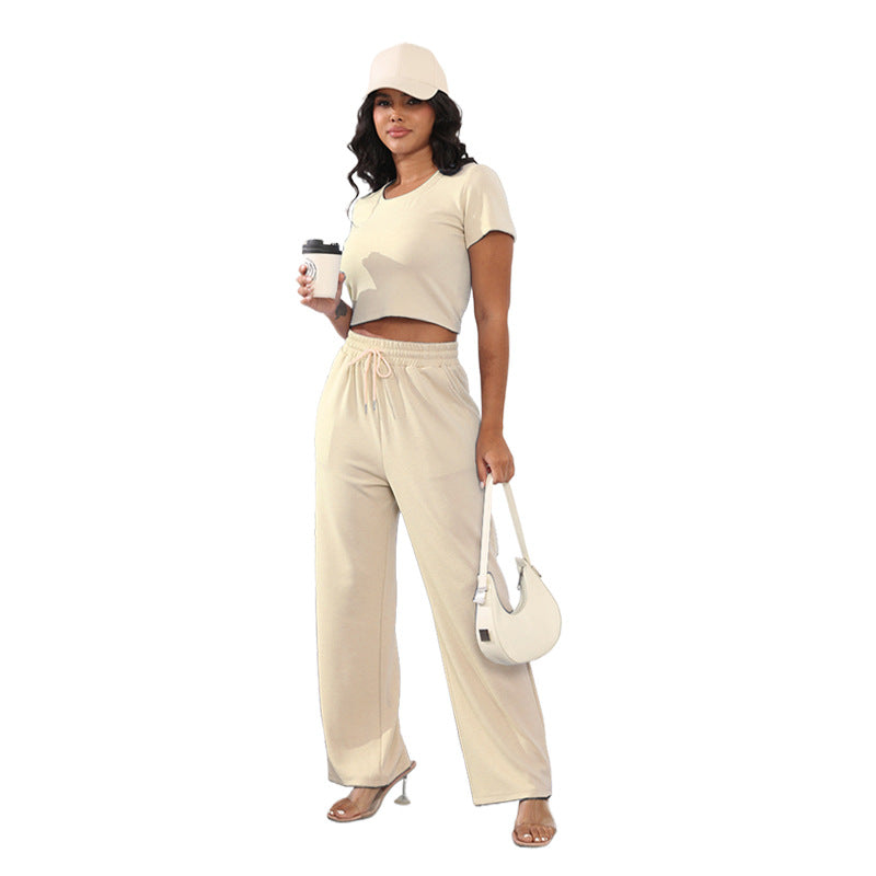 Summer Round Neck Short Sleeved Women Clothing Two Piece Suit Casual Wide Leg Pants Suit Cotton Apricot