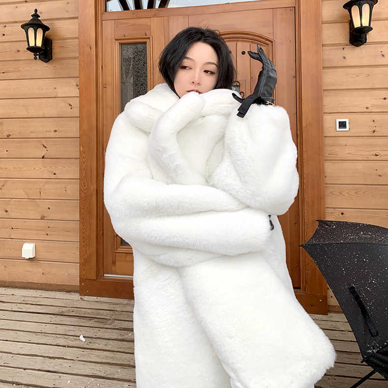 Korean Winter Coat Loose Faux Fur coat Collar Thick White Marten Fur Plush Overcoat