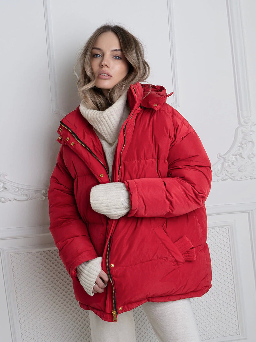 Hooded Cotton Jacket Jacket Women Hooded Thickened Thermal Zipper Bread Coat Red