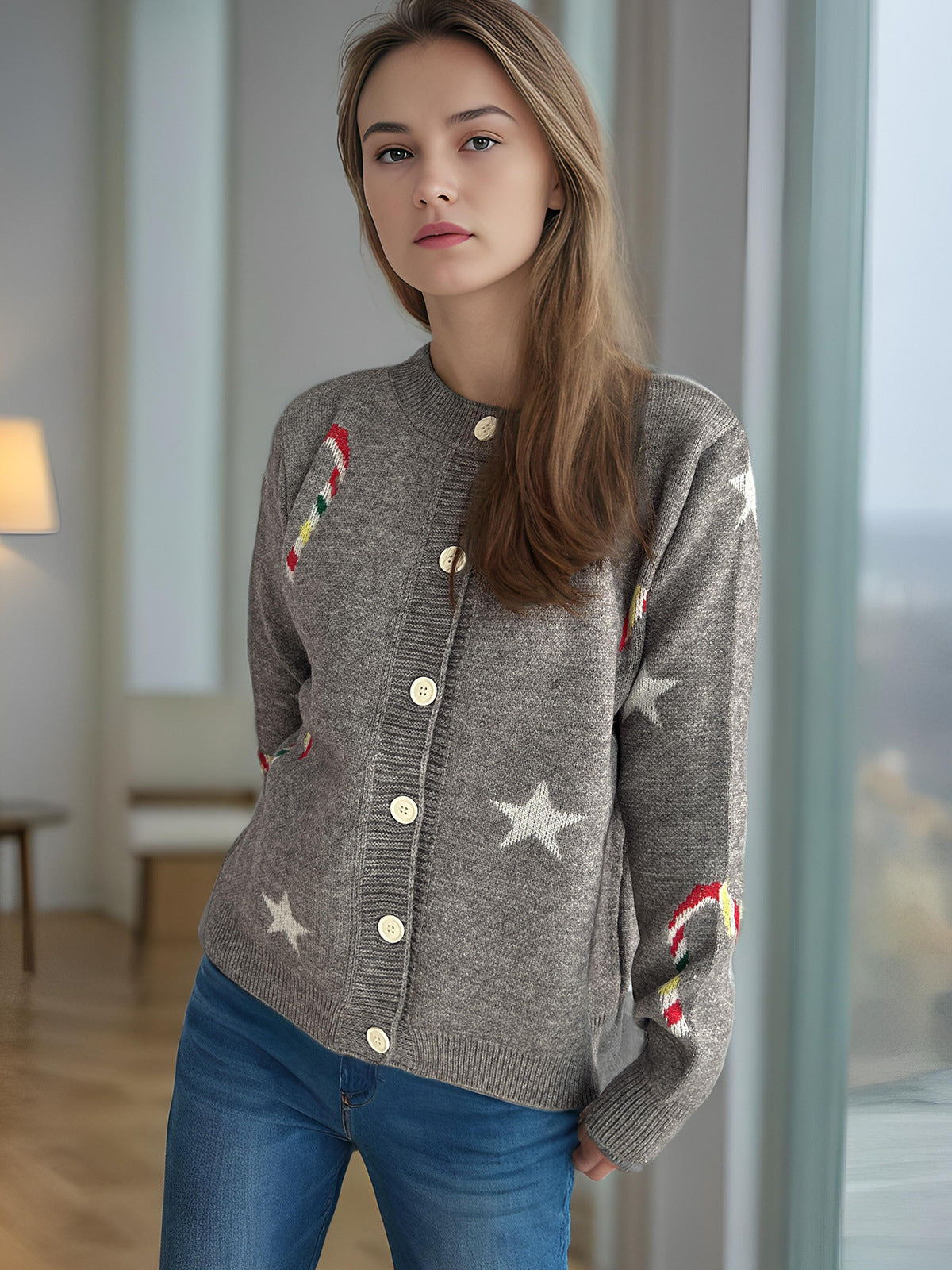 Autumn Winter Sweaters Women Knitted Cardigan Five Pointed Star Single Breasted Jacket Gray