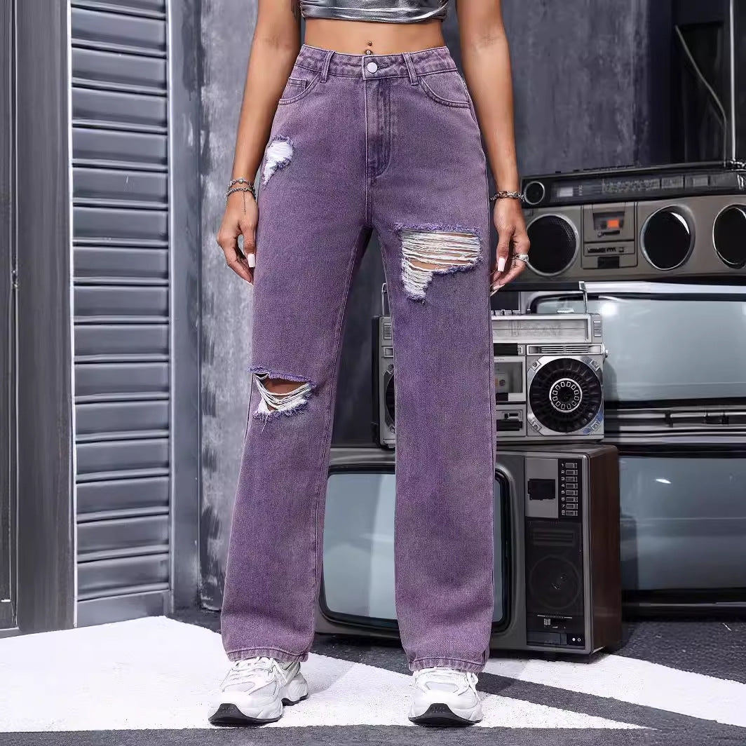 Summer Women Denim Straight Jeans Ripped Distressed Retro Trends Slimming Purple