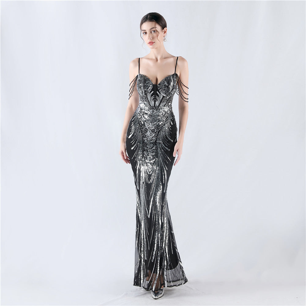 Waist Tight Boning Corset Shaping Positioning Floral Sequin Anchor Sexy Beaded Strap Evening Dress