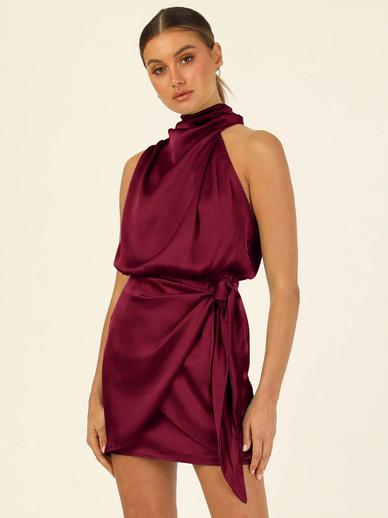 Halter High Grade Satin Tied Slim Fit Socialite Dress Wine Red