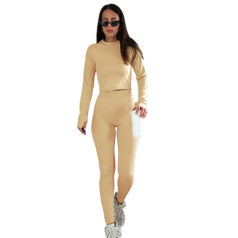 Spring Autumn Solid Color High Elastic Thread Round Neck Long Sleeve Women Skinny Tappered Pants Suit Apricot Yellow