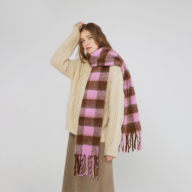 Autumn Winter Chessboard Plaid Soft Glutinous Mohair Scarf Z Family Same Artificial Cashmere Scarf Shawl Women Winter One Size Pink Brown Plaid