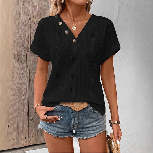 Women Clothing Spring Summer V neck Button Hollow Out Cutout out Loose Short Sleeve Top T shirt