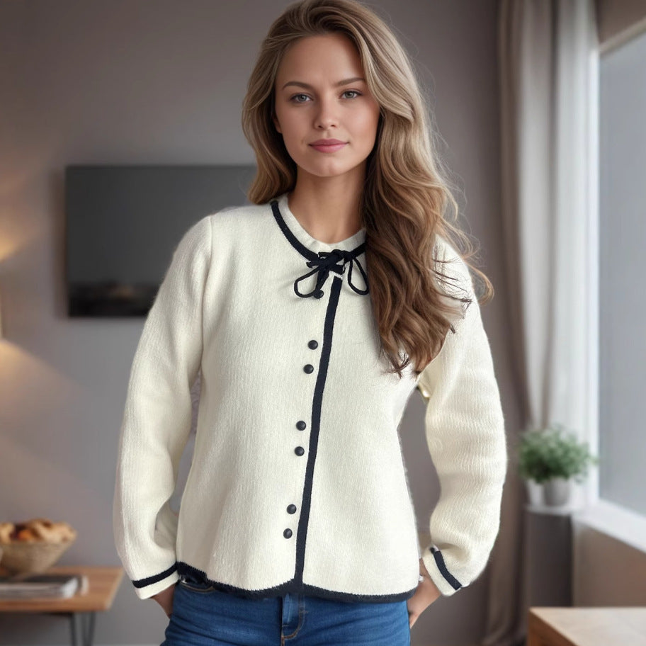 Autumn Lace Up Bow Women Sweater round Neck Solid Color Casual Long Sleeves Knitted Cardigan White